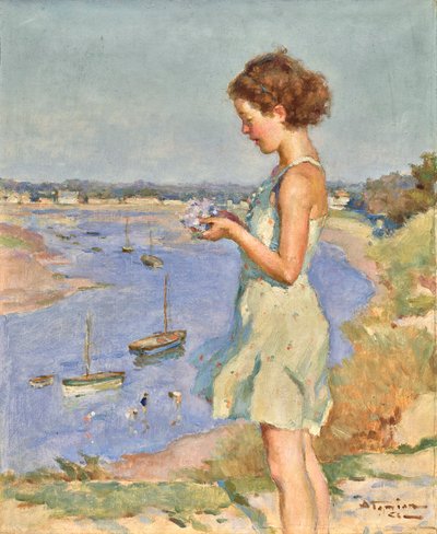 Nuori tyttö sinisen hortensian kanssa, Saint-Gilles-Croix-de-Vie tekijältä Charles Garabed Atamian