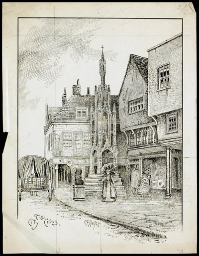 Näkymä Butter Crossin luoteeseen, High Street, Winchester, Hampshire (kynä ja muste paperille) tekijältä Charles George Harper