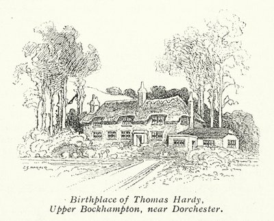 Thomas Hardyn syntymäkoti, Upper Bockhampton, lähellä Dorchesteria (litografia). tekijältä Charles George Harper