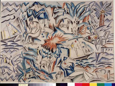 Välimerellinen maisema Maisema, jossa on veneitä, eläimiä, kasvillisuutta (palmu) ja hahmoja. Charles Georges Dufresnen (1876-1938) maalaus Dim. 45x62 cm. Pakollinen maininta: Collection fondation regards de Provence, Marseille tekijältä Charles Georges Dufresne