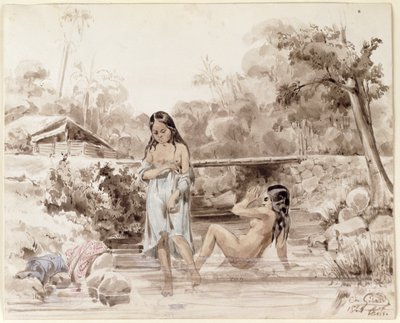 Tahitians Bathing, 1844 (kynä ja pesu paperille) tekijältä Charles Giraud