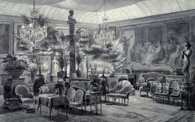 Prinsessa Mathilden talvipuutarha, Charles Giraudin (1819-1892) harmaalla musteella ja guassilla piirretty tekijältä Charles Giraud