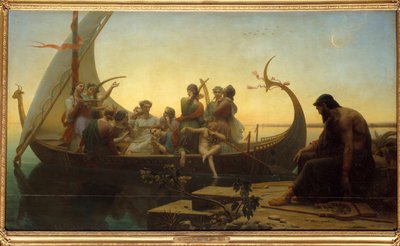 Kadonneet illuusiot tai ilta Allegorinen kohtaus, joka kuvaa hahmoja lähtevällä drakkarilla, mies jää telakkaan lyyran kanssa. Charles Gleyren (1806-1874) maalaus 1800-luvun aurinko. 1,56x2,38 m tekijältä Charles Gleyre