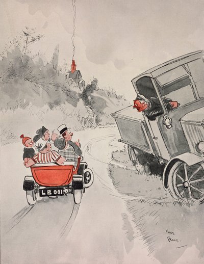 Sardiinipurkkeja ja sarkastinen kuorma-auton kuljettaja, sarjakuva Chas Grave (1886-1944) The Tatlerista, nro 1406, 6. kesäkuuta tekijältä Charles Grave