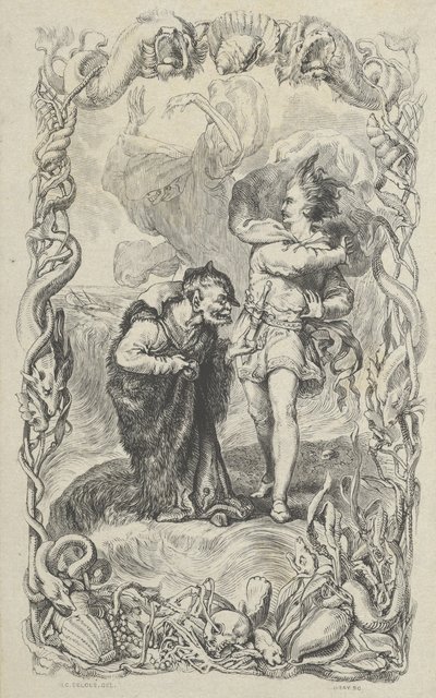 Kuvitus myrskyyn: Caliban, Ferdinand ja Ariel, 1836. tekijältä Charles Gray