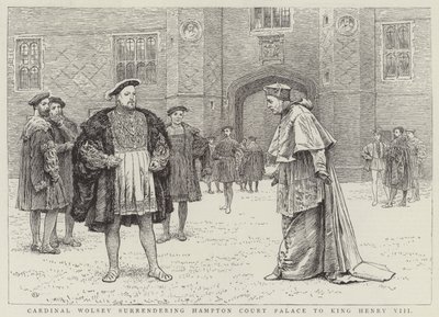 Kardinaali Wolsey luovuttaa Hampton Courtin palatsin kuningas Henrik VIII:lle. tekijältä Charles Green