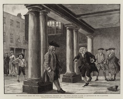 Pylväikkö kaupungintalon alla, Rochester, Hogarth ja muut pyhiinvaeltajat, jotka leikkivät Hopscotchissa lippukivillä tekijältä Charles Green