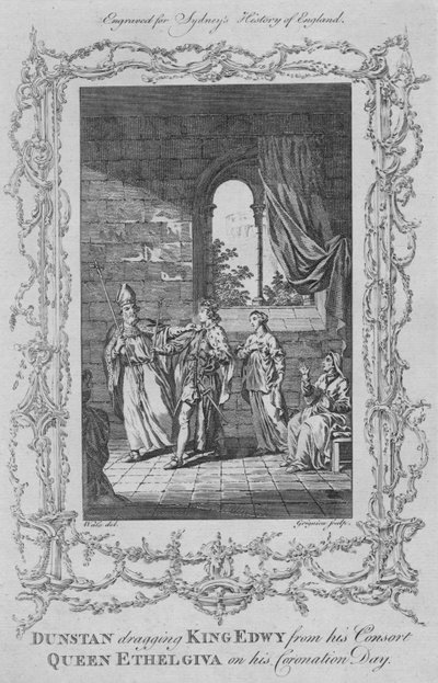 Dunstan raahasi kuningas Edwyn puolisostaan kuningatar Ethelgivasta hänen kruunauspäivänä vuonna 1773. tekijältä Charles Grignion