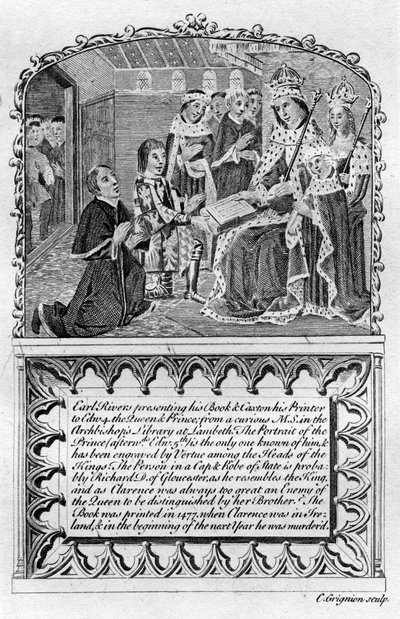 Earl Rivers esittelee kirjansa kuningas Edward IV:lle, c1477 1700-luvun lopulla tai 1800-luvun alussa tekijältä Charles Grignion