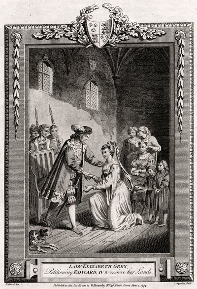 Lady Elizabeth Grey anoo Edward IV:ltä maansa ennallistamista, 1400-luku, 1777 tekijältä Charles Grignion