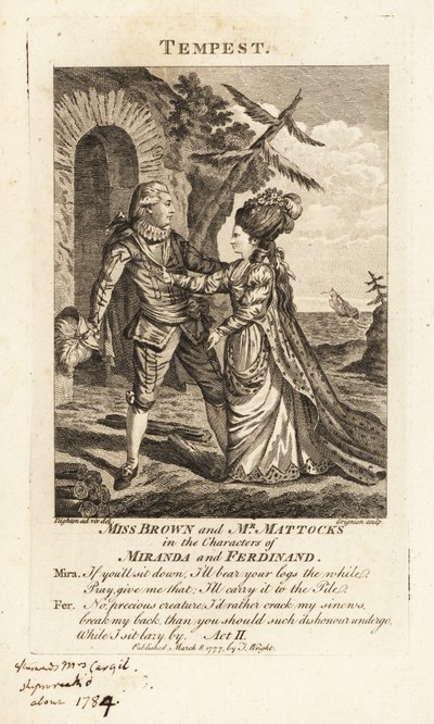 Miss Ann Brown ja herra George Mattocks Mirandan ja Ferdinandin hahmoissa William Shakespearen The Myrskyn oopperaversiossa, Covent Garden Theater tekijältä Charles Grignion