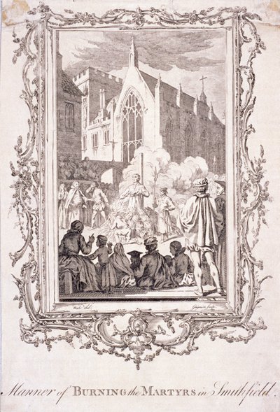 Kohtaus protestanttien polttamisesta Smithfieldissä, 1500-luku, n. 1760. tekijältä Charles Grignion