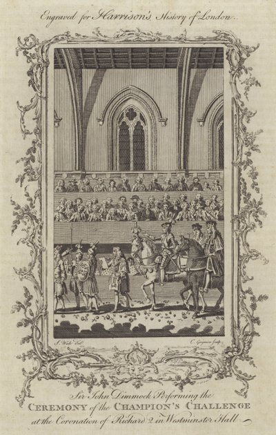 Sir John Dimmock esiintymässä Champions Challengen seremoniassa Richard II:n kruunajaisissa Westminster Hallissa, 1377 tekijältä Charles Grignion