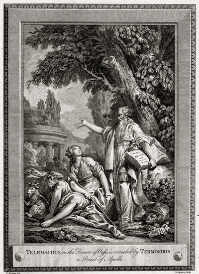Keidaan autiomaassa sijaitsevaa Telemachusta lohduttaa Termosiris, Apollon pappi, 1774. tekijältä Charles Grignion