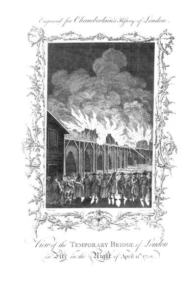 Näkymä Temporary Bridge of London on Fire...1758., c1770 tekijältä Charles Grignion