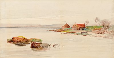 Rannikkokohtaus mökeillä (akvarelli) tekijältä Charles Gustav Louis Phillips