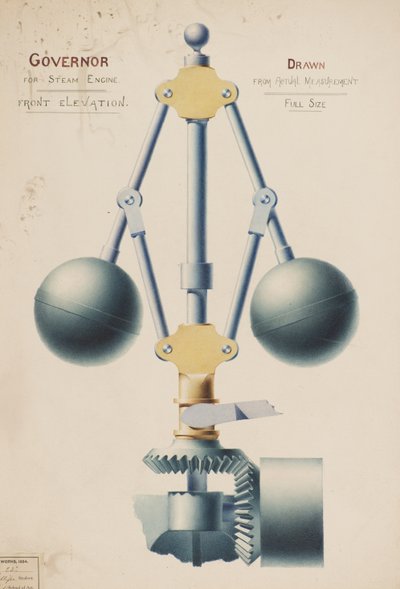 Governor for Steam Engine - Front Elevation, n.1882 (akvarelli) tekijältä Charles Gustav Louis Phillips
