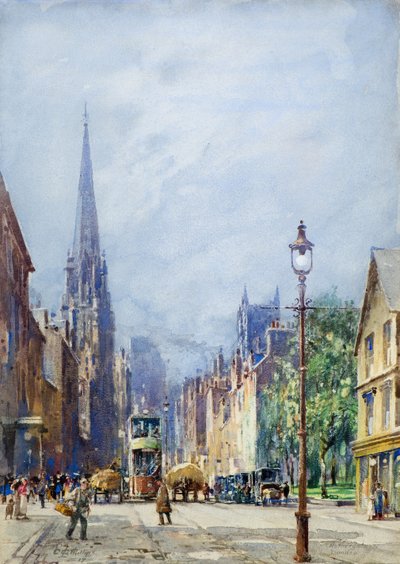The Nethergate, Dundee etsii länteen, n. 1917 (akvarelli) tekijältä Charles Gustav Louis Phillips