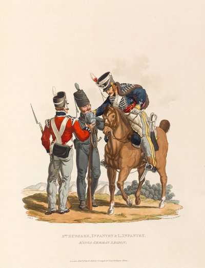 "3. husaarit, jalkaväki ja kevyt jalkaväki. Kuninkaan saksalainen legioona, n. 1815 (akvatinta) tekijältä Charles Hamilton (after) Smith