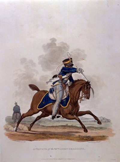 Private of The 13th Light Dragons, teoksesta "British Imperiumin armeijan puvut, viimeisten määräysten mukaan 1812", kaiverrettu J. C. Stadler, julkaissut Colnaghi und Co. 1812-15 (värillinen) tekijältä Charles Hamilton Smith