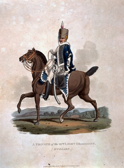 18. valodraguonien (husaarien) sotamies teoksesta "British Imperiumin armeijan puvut, viimeisten määräysten mukaan 1812", kaivertanut J.C. Stadler, julkaissut Colnaghi und Co. 1812-15 tekijältä Charles Hamilton Smith