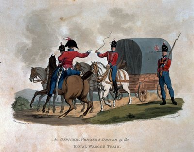 Upseeri, sotamies ja kuninkaallisen vaunujunan kuljettaja julkaisusta "British Imperiumin armeijan puvut, viimeisten säännösten mukaan 1812", kaiverrettu J. C. Stadler, julkaisija Colnaghi und tekijältä Charles Hamilton Smith