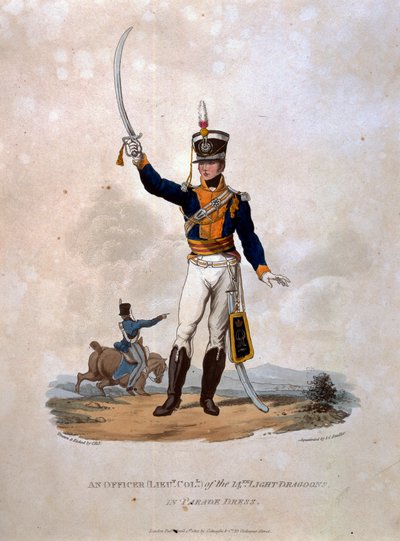 14. Light Dragonsin upseeri paraatipuvussa, kirjasta "British Imperiumin armeijan puvut, viimeisten säännösten mukaan 1812", kaiverrettu J.C. Stadler, julkaisija Colnaghi und Co. tekijältä Charles Hamilton Smith