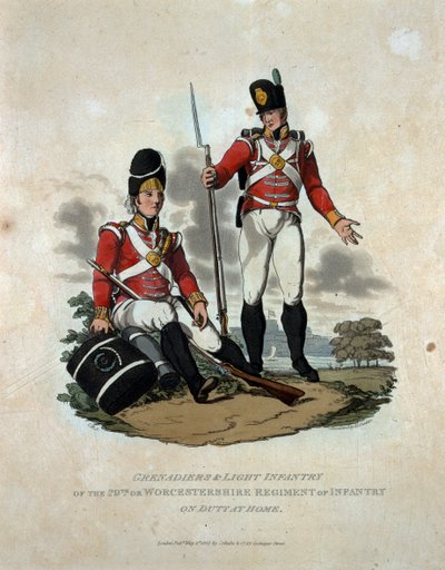 Grenadiers and Light Infantry of the 29th or, Worcestershire Regiment of Infantry on Duty at Home, julkaisusta "British Imperiumin armeijan puvut, viimeisten määräysten mukaan 1812", kaiverrettu b tekijältä Charles Hamilton Smith