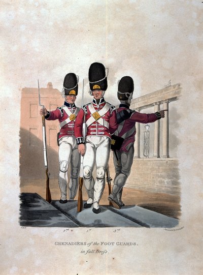 Jalkaväen grenadöörejä täydessä puvussa, kuvasta "Costumes of the Army of the British Empire, according to the last regulations 1812", kaiverrettu J.C. Stadlerin toimesta, julkaissut Colnaghi und Co. 1812-15 (c tekijältä Charles Hamilton Smith