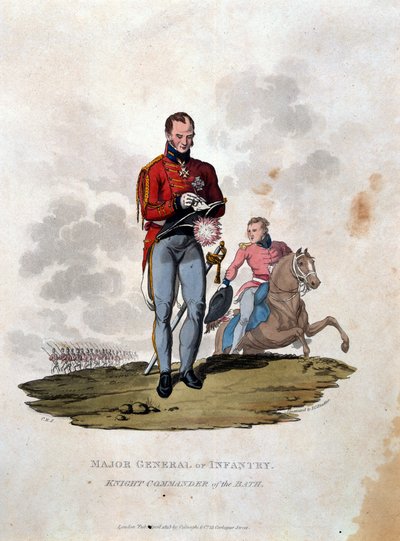 Jalkaväen kenraalimajuri Knight Commander of the Bath, teoksesta "British Imperiumin armeijan puvut, viimeisten säännösten mukaan 1812", kaiverrettu J.C. Stadler, julkaissut Colnaghi und Co. tekijältä Charles Hamilton Smith