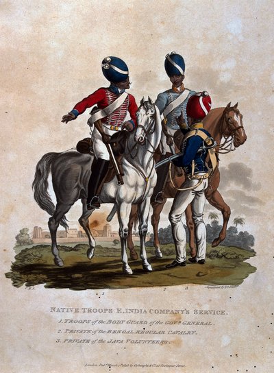 Alkuperäisjoukot, Itä-Intian yhtiön palvelu, kenraalikuvernöörin ruumisvartioston joukot, Bengalin sotamies, julkaisusta "British Imperiumin armeijan puvut, viimeisimmän ilmoituksen mukaan" tekijältä Charles Hamilton Smith