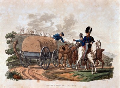 Royal Artillery Drivers, teoksesta "British Imperiumin armeijan puvut, viimeisten määräysten mukaan 1812", kaiverrettu J.C. Stadler, julkaissut Colnaghi und Co. 1812-15 (värillinen akvatinta) tekijältä Charles Hamilton Smith