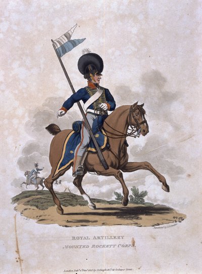 Royal Artillery Mounted Rockett Corps, teoksesta "British Imperiumin armeijan puvut, viimeisten määräysten mukaan 1812", kaiverrettu J. C. Stadler, julkaissut Colnaghi und Co. 1812-15 (väri) tekijältä Charles Hamilton Smith