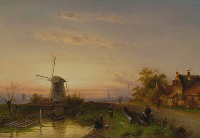 Tuulimylly auringonlaskun aikaan tekijältä Charles Henri Joseph Leickert
