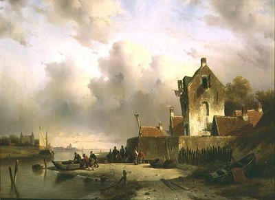 Suisto, jossa on kalastajia laiturin varrella tekijältä Charles Henri Joseph Lieckert