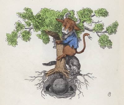 Lehmä puuhun juustoa syövän kissan yläpuolelle (värillinen kaiverrus) tekijältä Charles Henry (after) Bennett