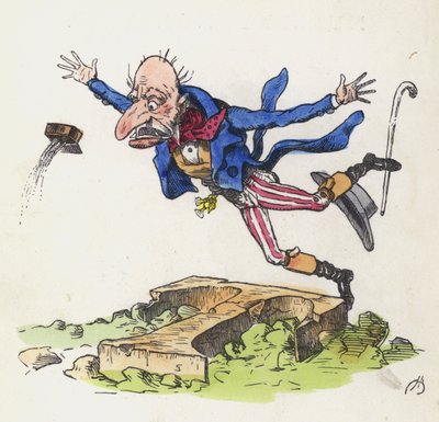 Vanha mies kompastumassa T-kirjaimen muotoiseen kiveen (värillinen kaiverrus) tekijältä Charles Henry (after) Bennett