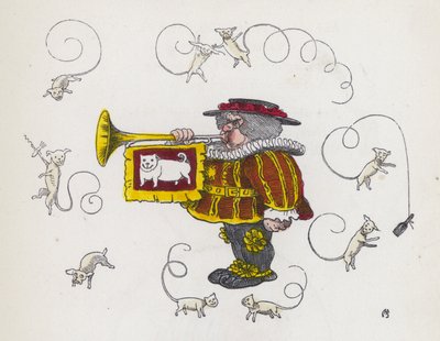 Kaupungin huutaja puhaltaa trumpettia, kiharahäntäisten koirien ympäröimänä (värillinen kaiverrus) tekijältä Charles Henry (after) Bennett