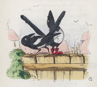 Kaksi harakkaa puutarha-aidalla (värillinen kaiverrus) tekijältä Charles Henry (after) Bennett