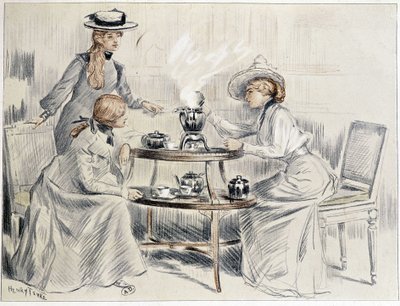 Naiset juomassa teetä pienen samovarin ympärillä - piirustus Henri Tenré, n. 1910 tekijältä Charles Henry Tenre