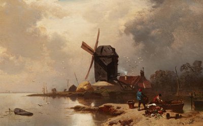 Saksa: Bockwindmühle an einer Seeufer Post Mill on the Shore of a Lake (Pylväsmylly järven rannalla) tekijältä Charles Hoguet