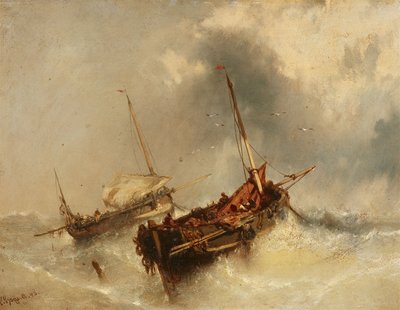 Saksa: Zwei Segelschiffe auf stürmischer See Kaksi venettä myrskyisellä merellä. tekijältä Charles Hoguet
