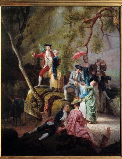 Maalaisviihdettä Galant Scene aatelisten kävelyllä. Charles Gustave Housezin (1822-1880) maalaus 1800-luvulta. Yksityinen kokoelma tekijältä Charles Housez