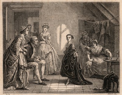 Mademoiselle Claironin lapsuus: nuori Claire-Josephe (Claire Josephe) Leris (1723-1803) lausuu juuri näkemänsä näytelmän säkeet. Hänestä tuli koomikko nimellä "Mademoiselle Clairon" tai "" La Clairon". Kaiverrus vuodelta 1862 maalaajalta tekijältä Charles Housez