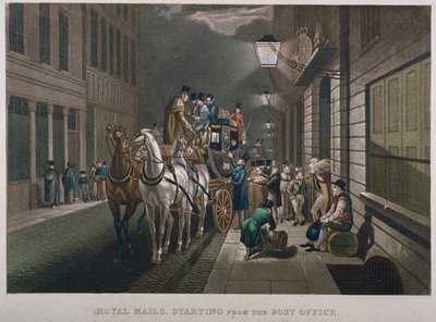 Postilinja-auto pääpostin ulkopuolella, Lombard Street, Lontoo, 1827 tekijältä Charles Hunt