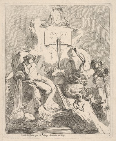 Suunnitelma suihkulähteelle, jossa on istuva nymfi vasemmalla ja triton, joka pitää kuorta suullaan..., 1768. tekijältä Charles Hutin