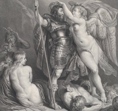 Voiton kruunaama sankari, joka asettaa laakeriseppeleen päähänsä, Venus ja Amor klo..., n. 1735-61. tekijältä Charles Hutin