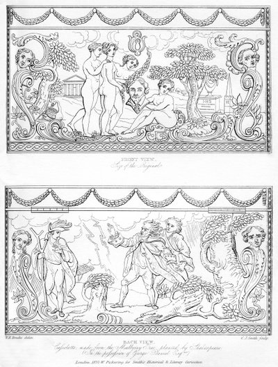 Shakespearen mulperipuusta valmistettu veistetty kasetti, 1700-luku, 1840 tekijältä Charles J. Smith