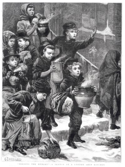 Nälkäisten ruokkiminen, Lontoon soppakeittiö, 1880 tekijältä Charles J. Staniland