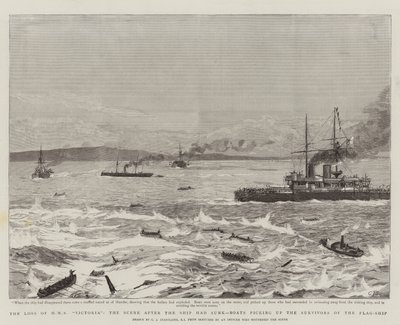 HMS Victorian menetys, kohtaus laivan uppoamisen jälkeen, veneet poimimassa lippulaivan selviytyjiä tekijältä Charles J. Staniland